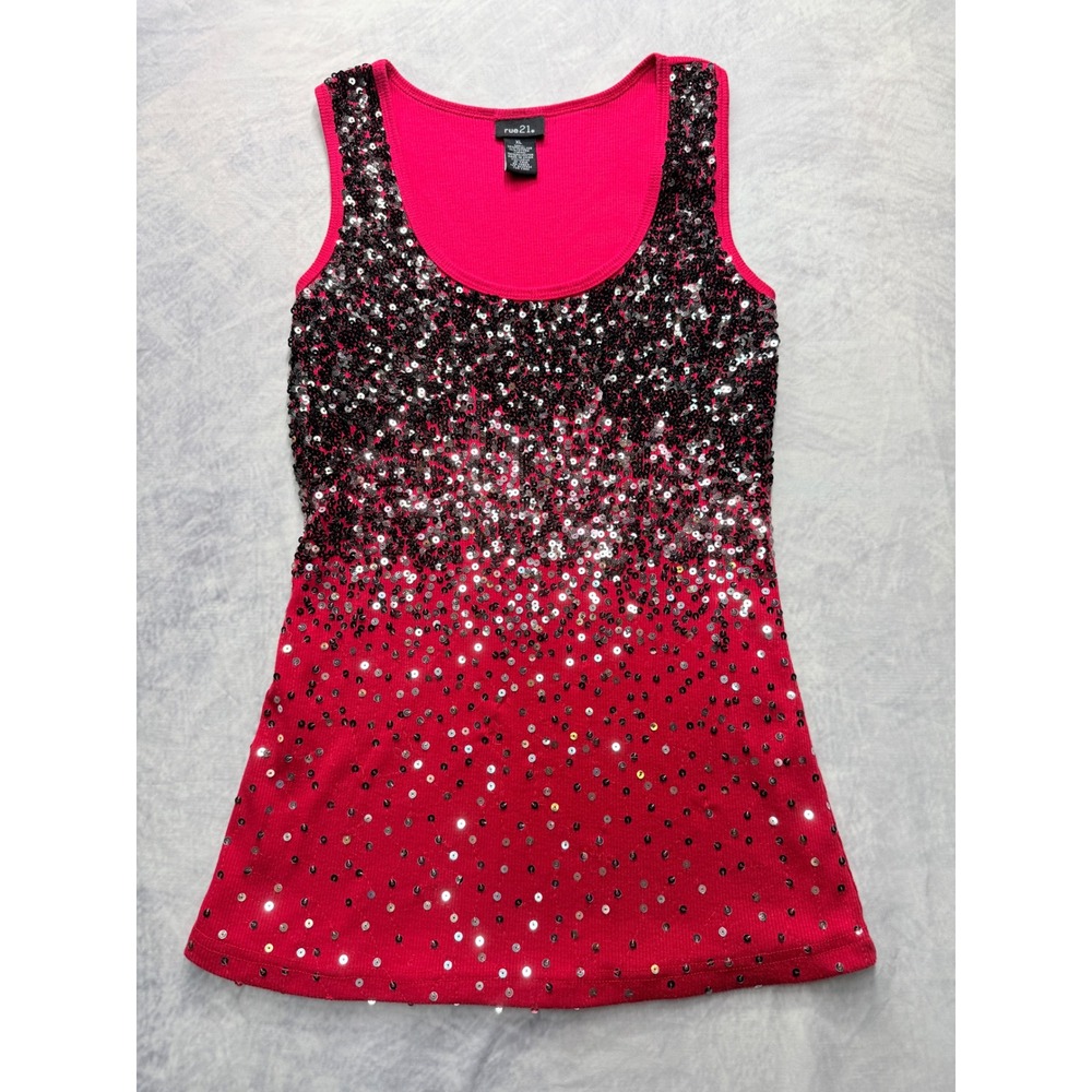 Vtg y2k Womens sz XL Red Ribbed Sequin Ombre Tank Top 4th july glam Indie sleaze
